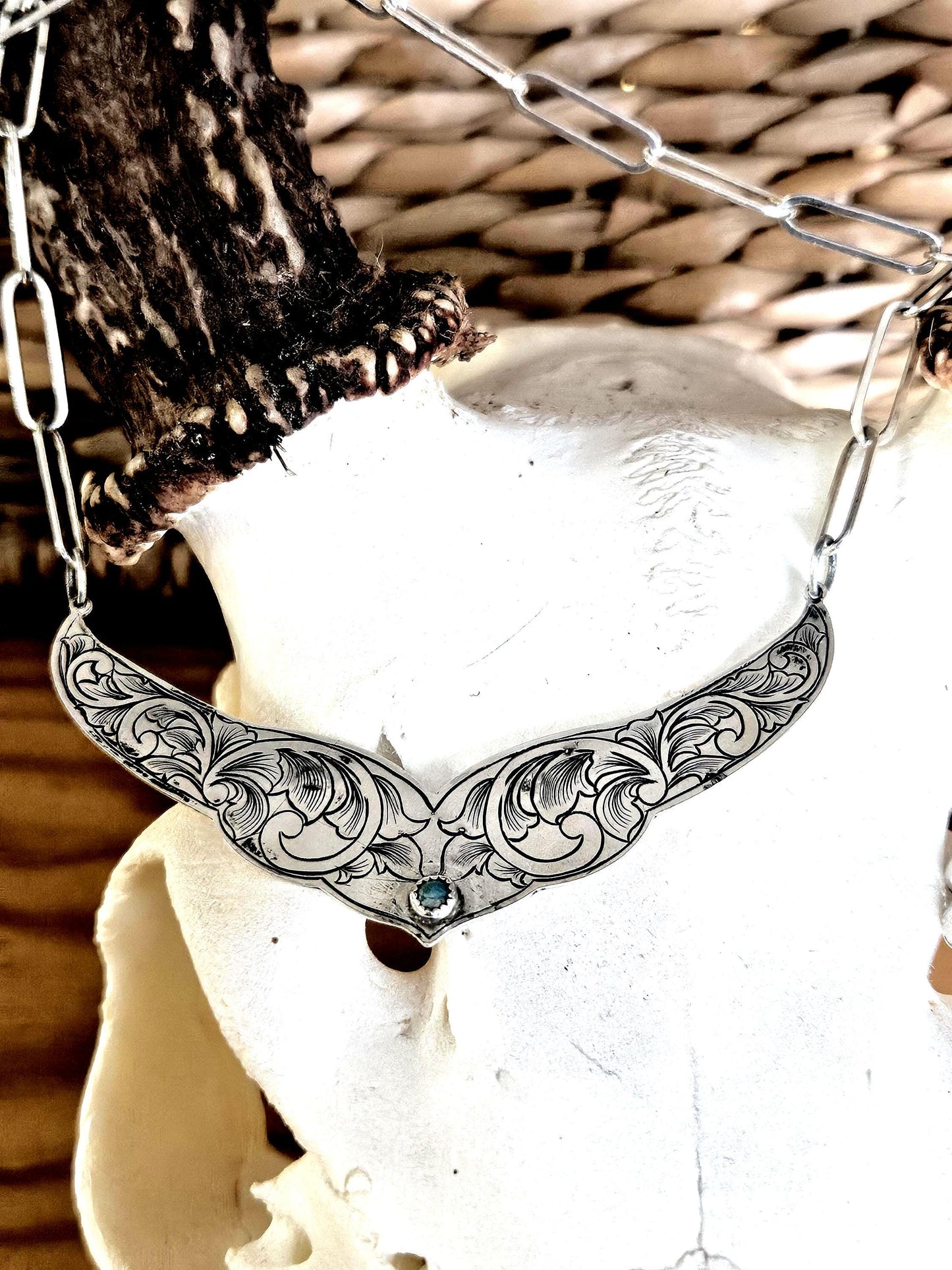 Hand Engraved Sterling and Kingman Turquoise Collar Necklace and Drop Earrings Set