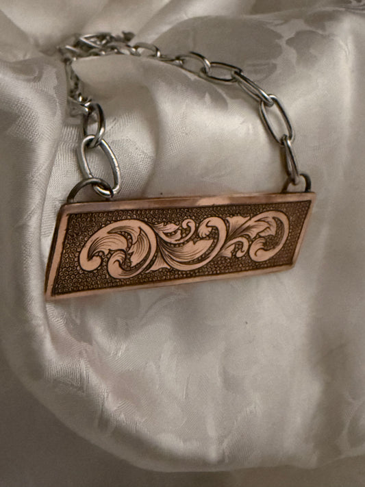 Engraved Copper Bar Necklace with Bead Punch Background