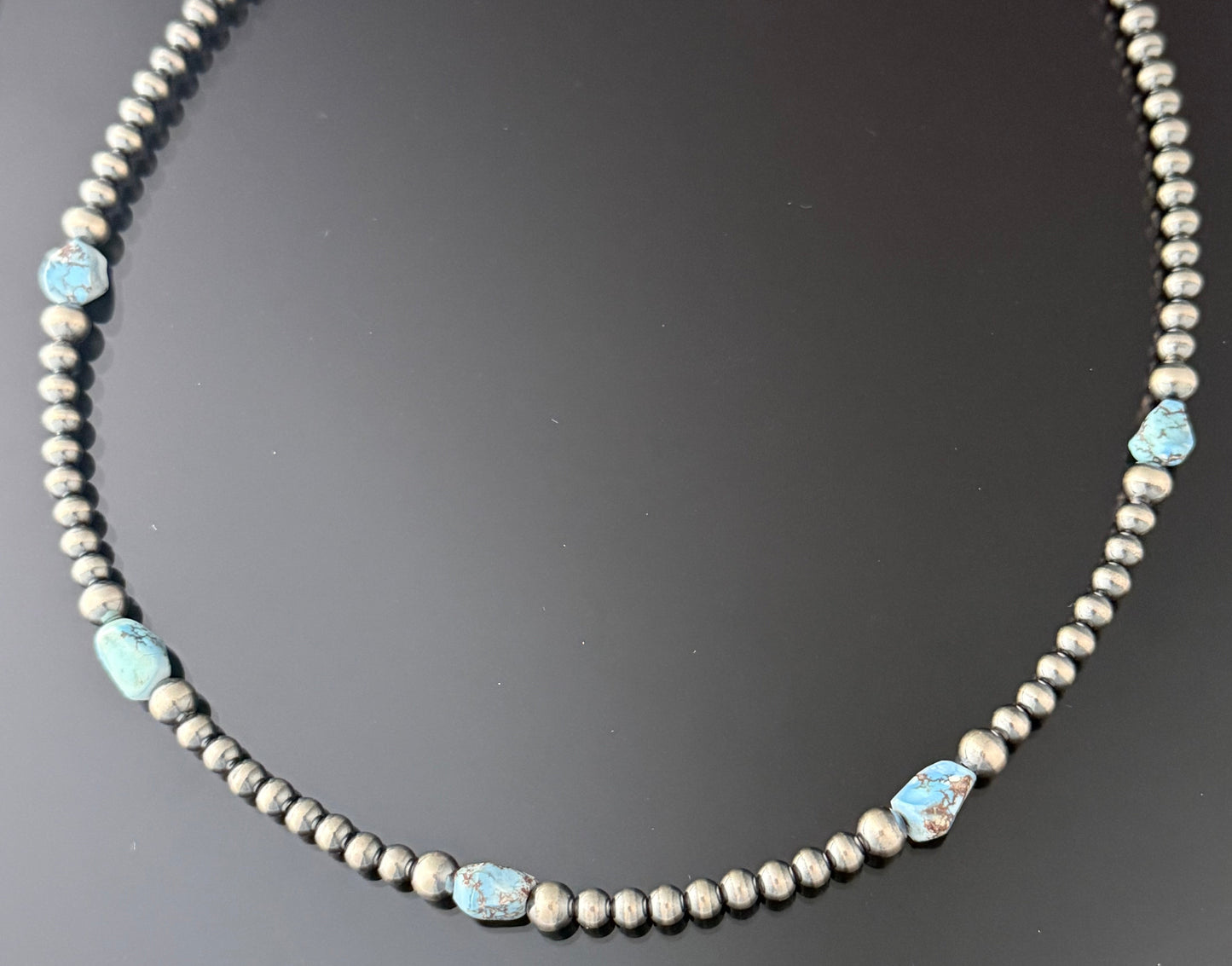 Sterling Silver Pearl Necklace with Golden Hills Turquoise Nugget Beads—16 Inch (4mm Pearls)