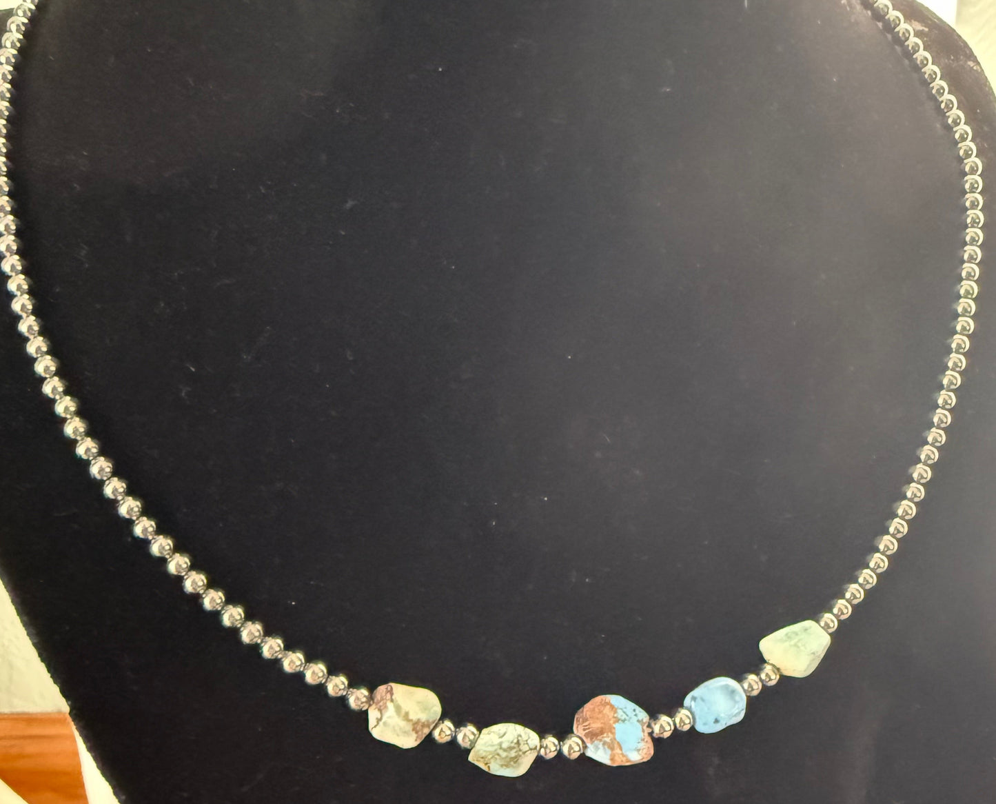 Sterling Silver Pearl Necklace with Golden Hills Turquoise Nugget Beads—16 Inch