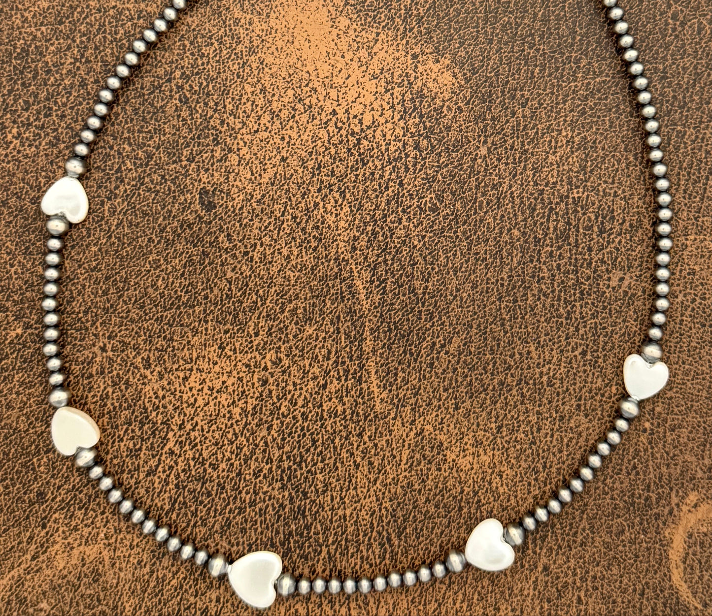 Sterling Silver Pearl Necklace with Mother of Pearl Heart Beads—14 Inch (3mm Pearls)
