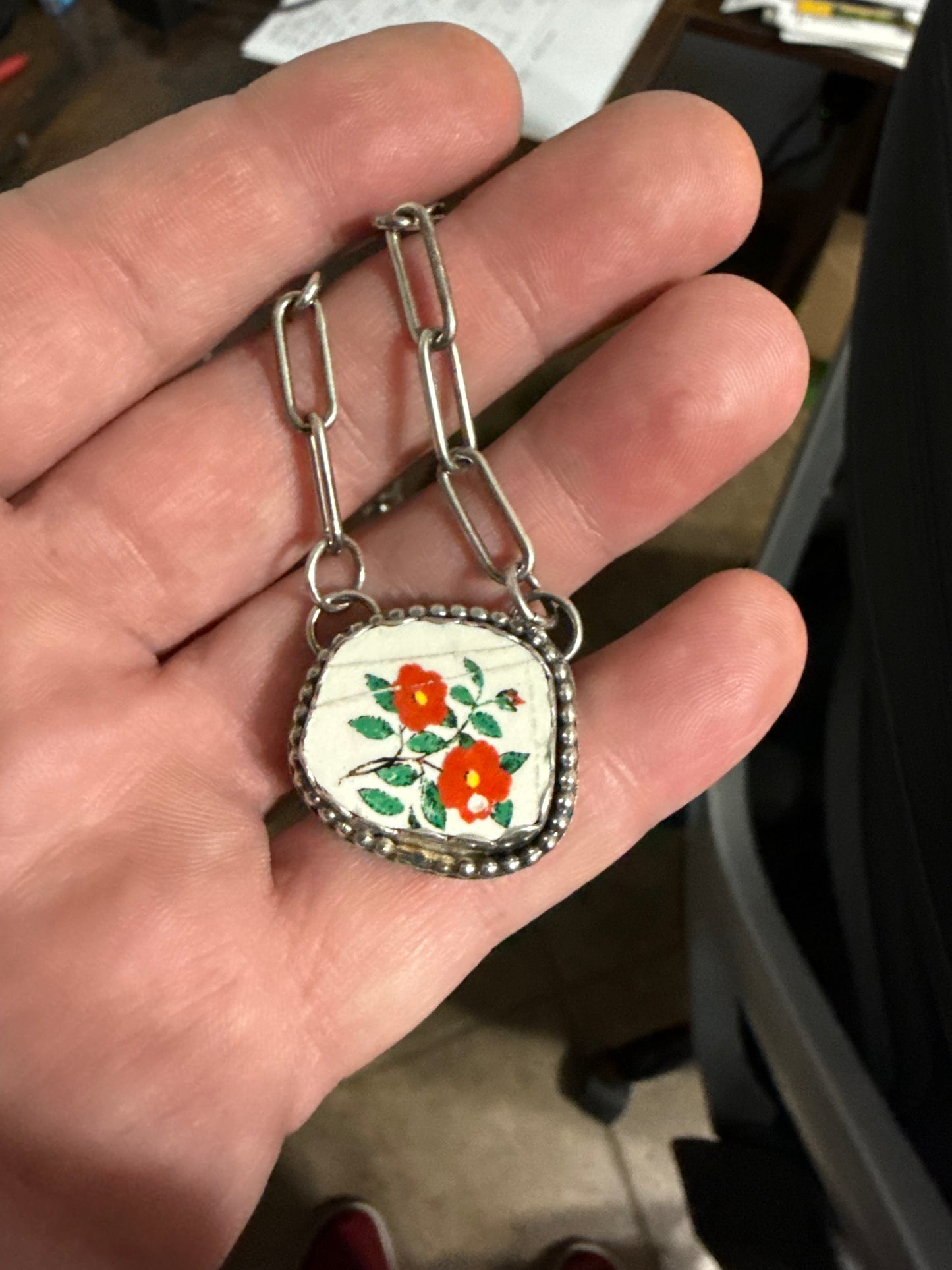 Vintage Porcelain Bar Necklace—Red Flowers