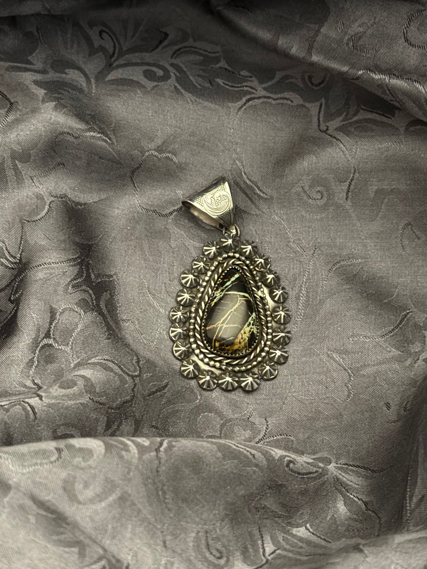 Blackjack Turquoise Shot Embellished Pendant with Engraved Bale