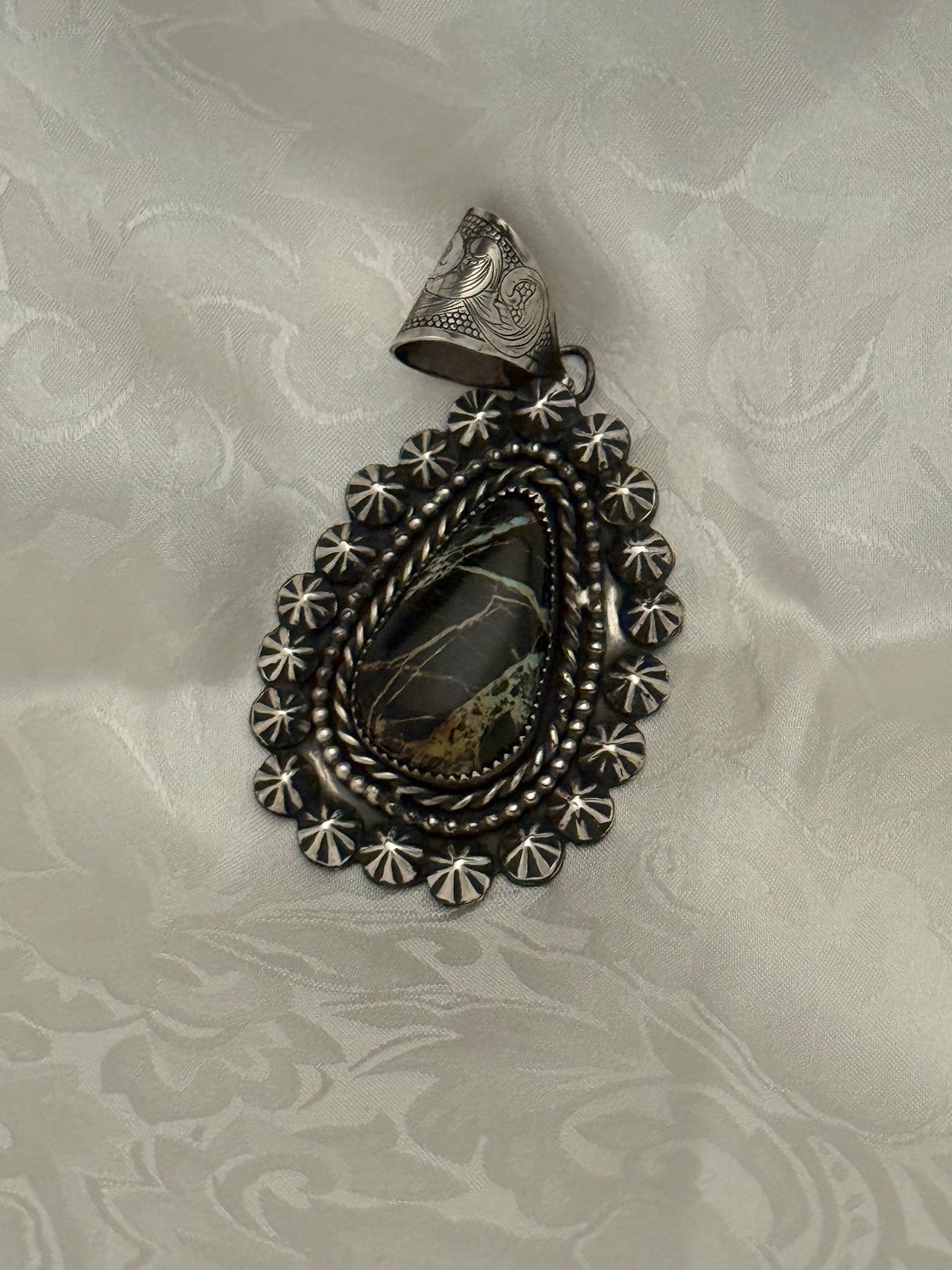 Blackjack Turquoise Shot Embellished Pendant with Engraved Bale