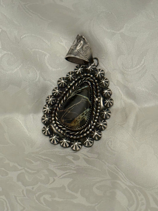 Blackjack Turquoise Shot Embellished Pendant with Engraved Bale