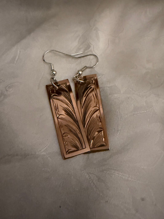Engraved Copper Dangle Bar Earrings