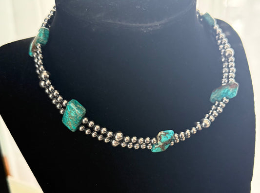 14-Inch Double Strand Silver Pearl Choker with Kingman Turquoise Beads