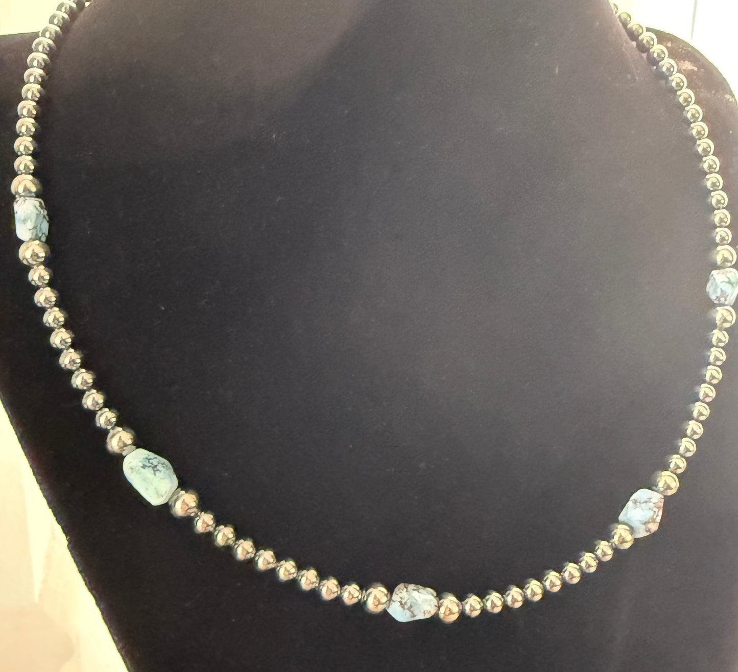 16-Inch Silver Pearl and Golden Hills Turquoise Nugget Strand