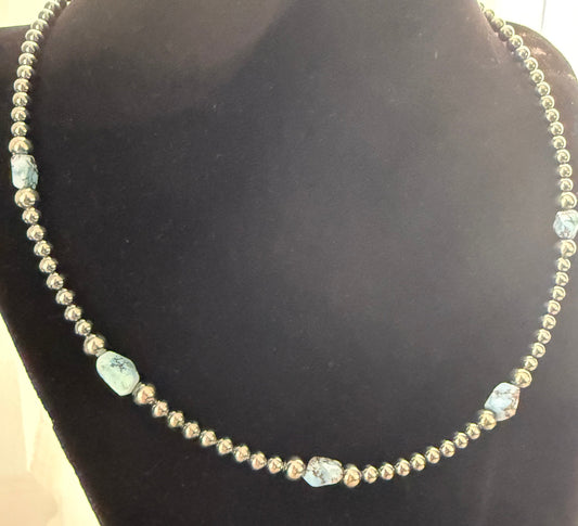 16-Inch Silver Pearl and Golden Hills Turquoise Nugget Strand
