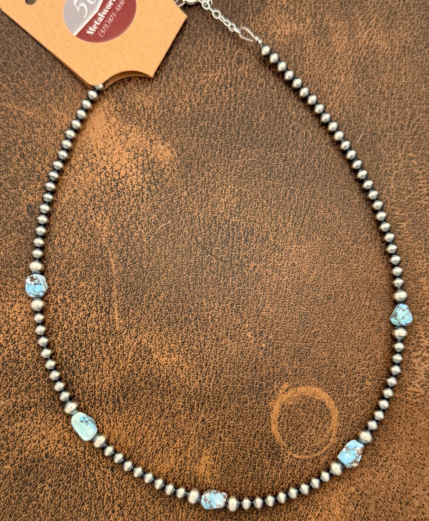 16-Inch Silver Pearl and Golden Hills Turquoise Nugget Strand