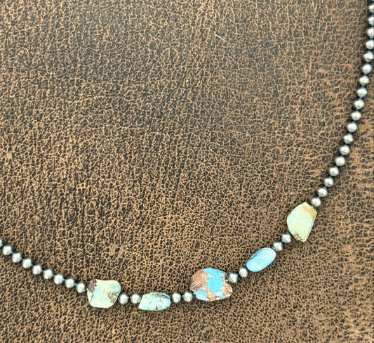 18-Inch Silver Pearl and Golden Hills Turquoise Nugget Strand