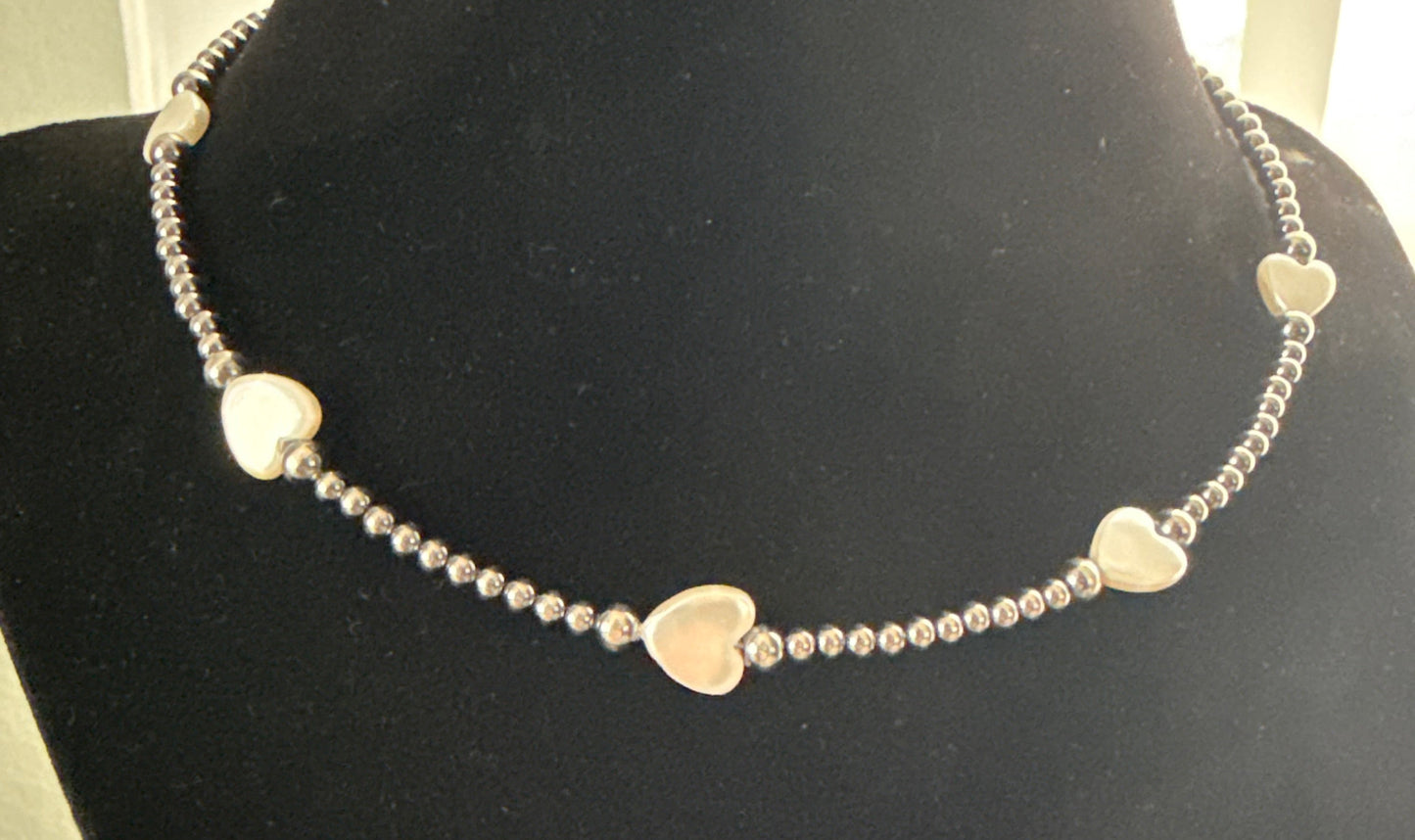 Sterling Silver Pearl Necklace with Mother of Pearl Heart Beads—14 Inch (3mm Pearls)