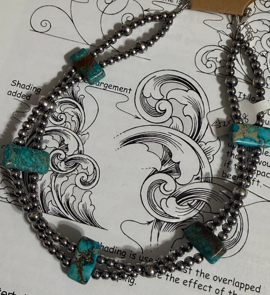 14-Inch Double Strand Silver Pearl Choker with Kingman Turquoise Beads