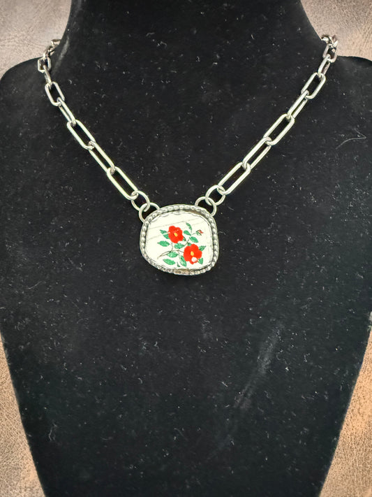 Vintage Porcelain Bar Necklace—Red Flowers