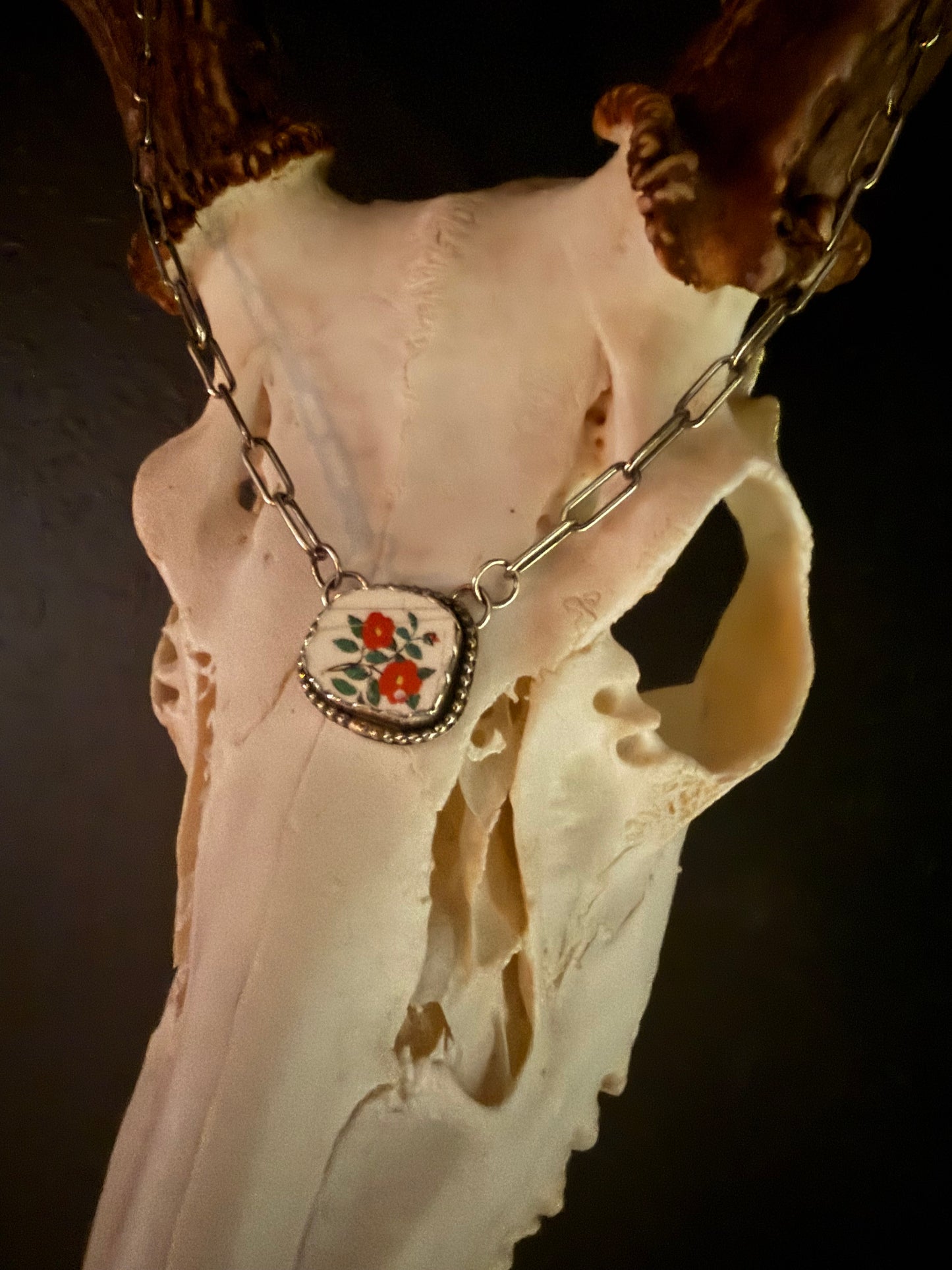 Vintage Porcelain Bar Necklace—Red Flowers