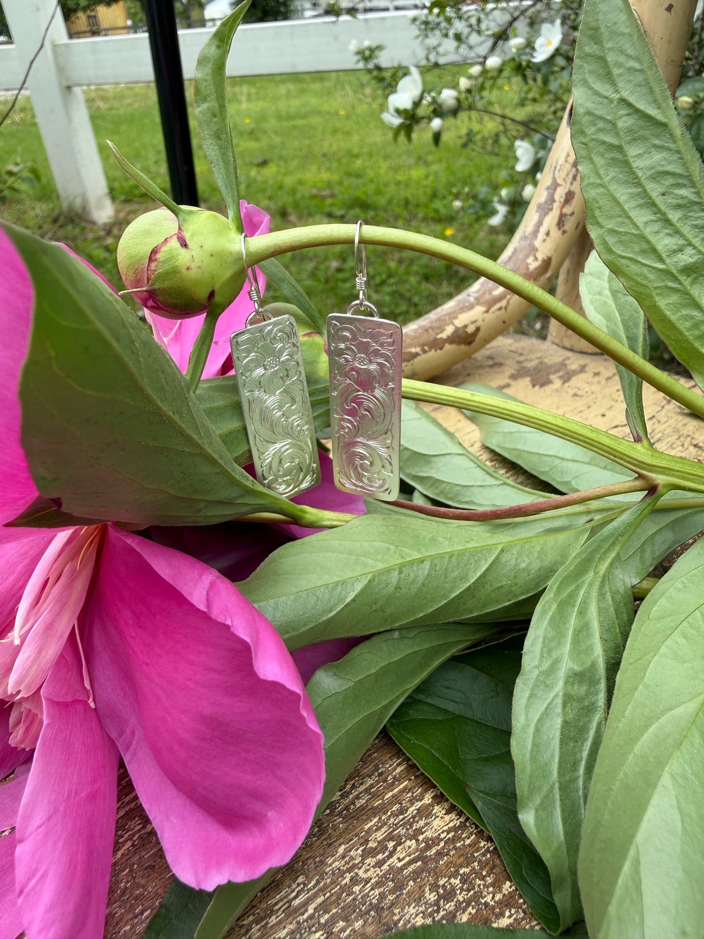 Engraved Rectangle Scroll & Floral Earrings