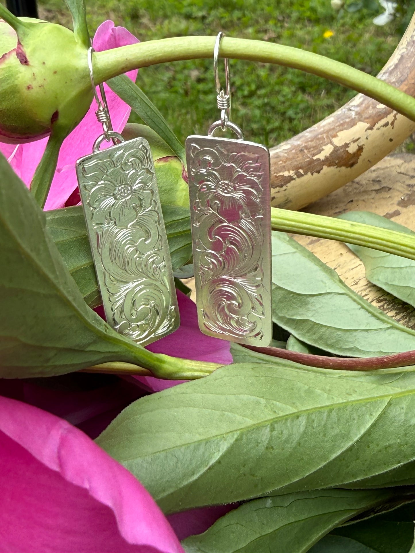 Engraved Rectangle Scroll & Floral Earrings