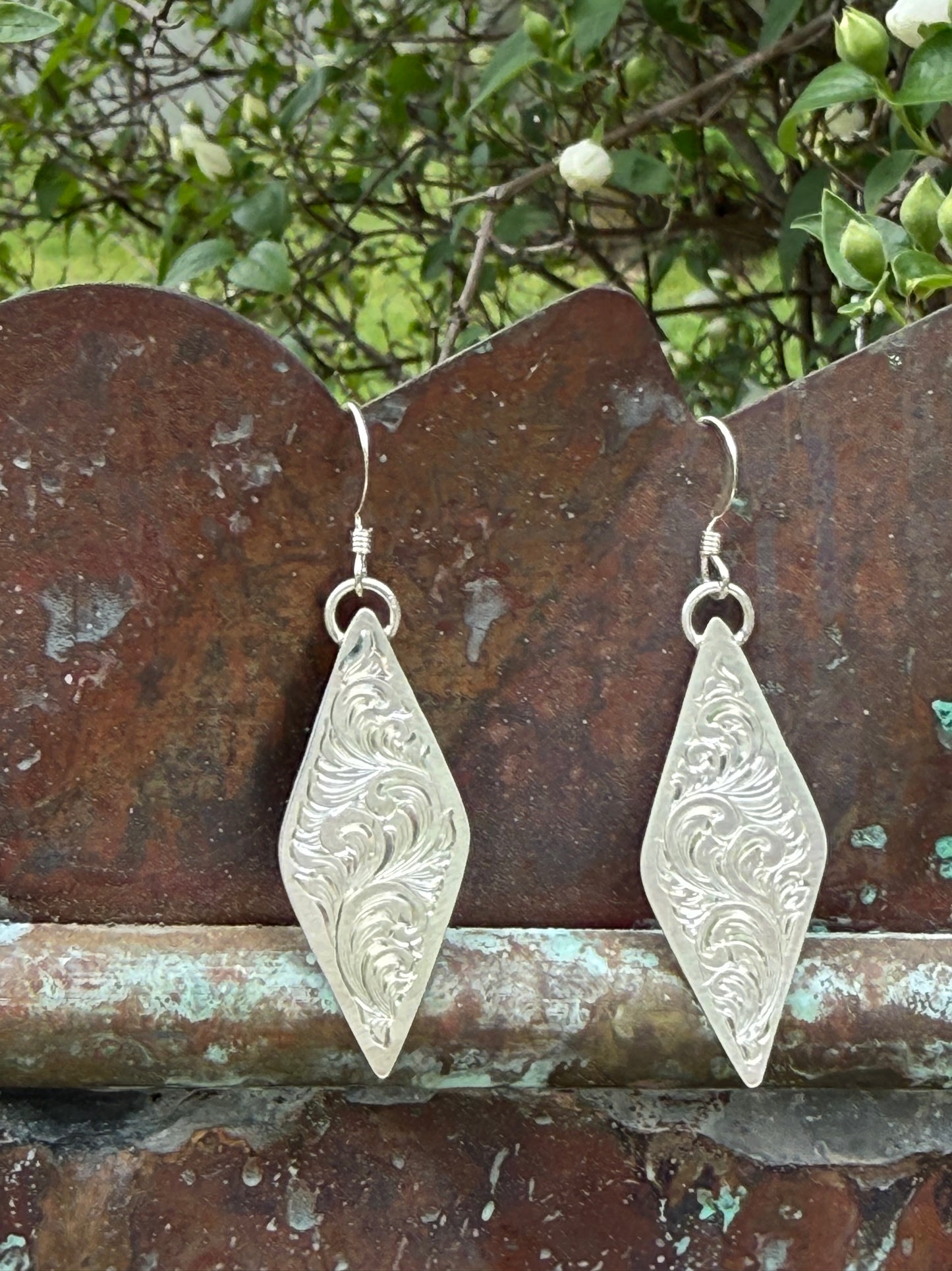 Engraved Diamond Scroll Dangle Earrings