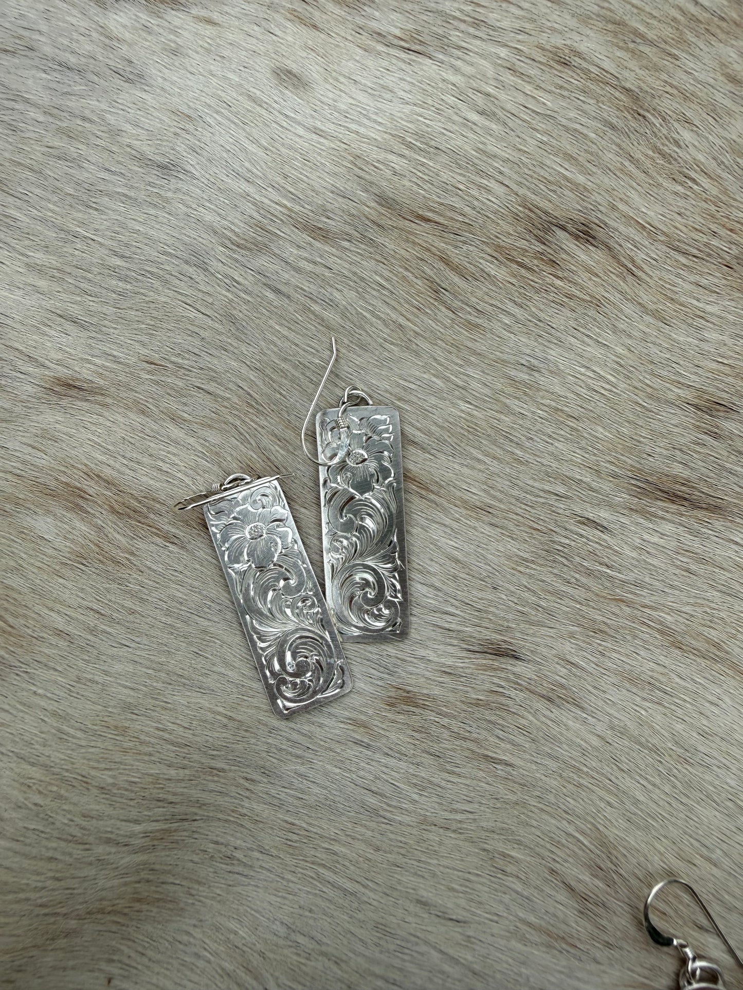 Engraved Rectangle Scroll & Floral Earrings