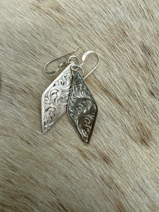 Engraved Diamond Scroll Dangle Earrings