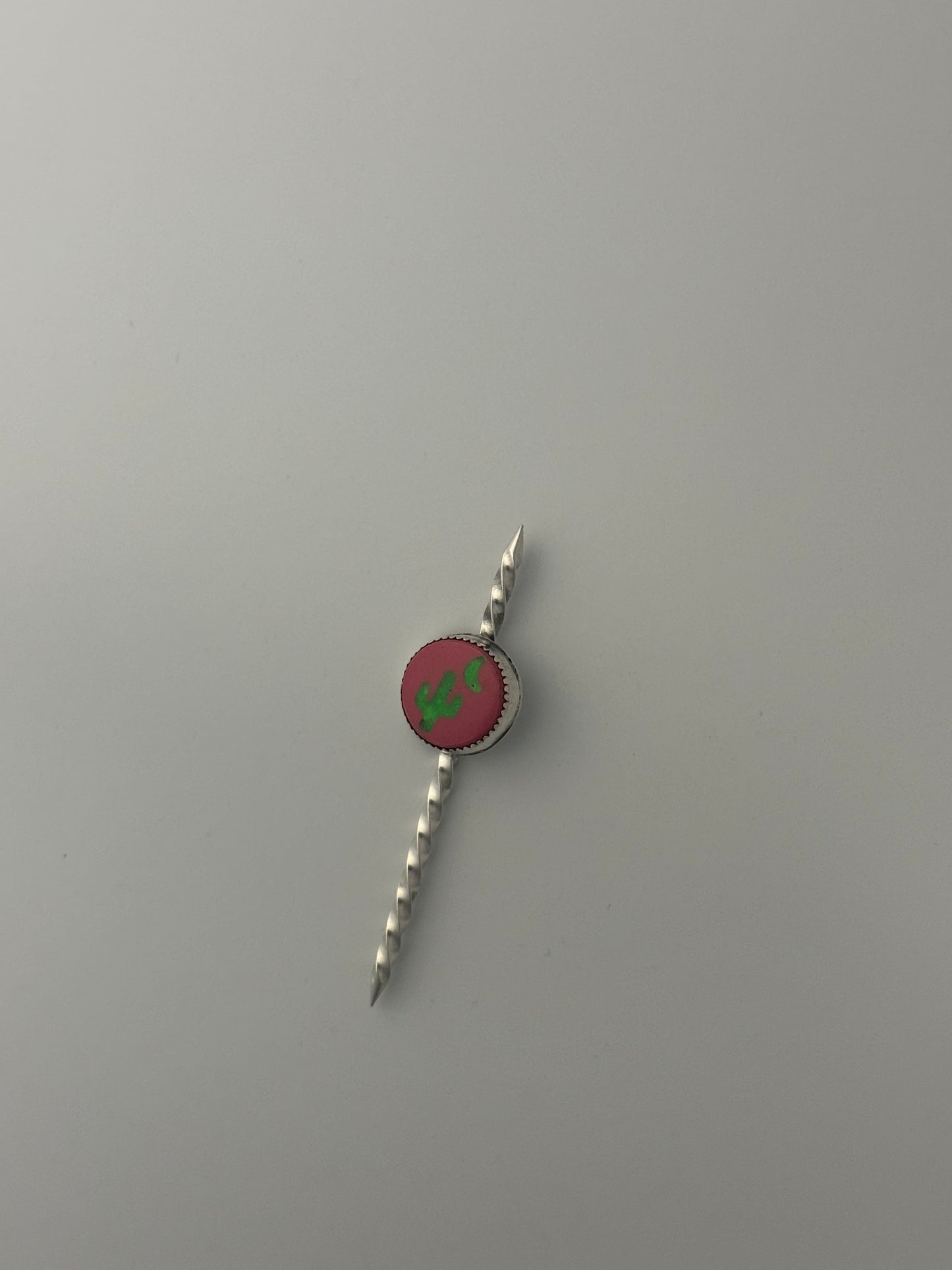 Sterling Silver Buckaroo Hat Picks – Cactus & Moon Cabochon (Pink & Green Composite)
