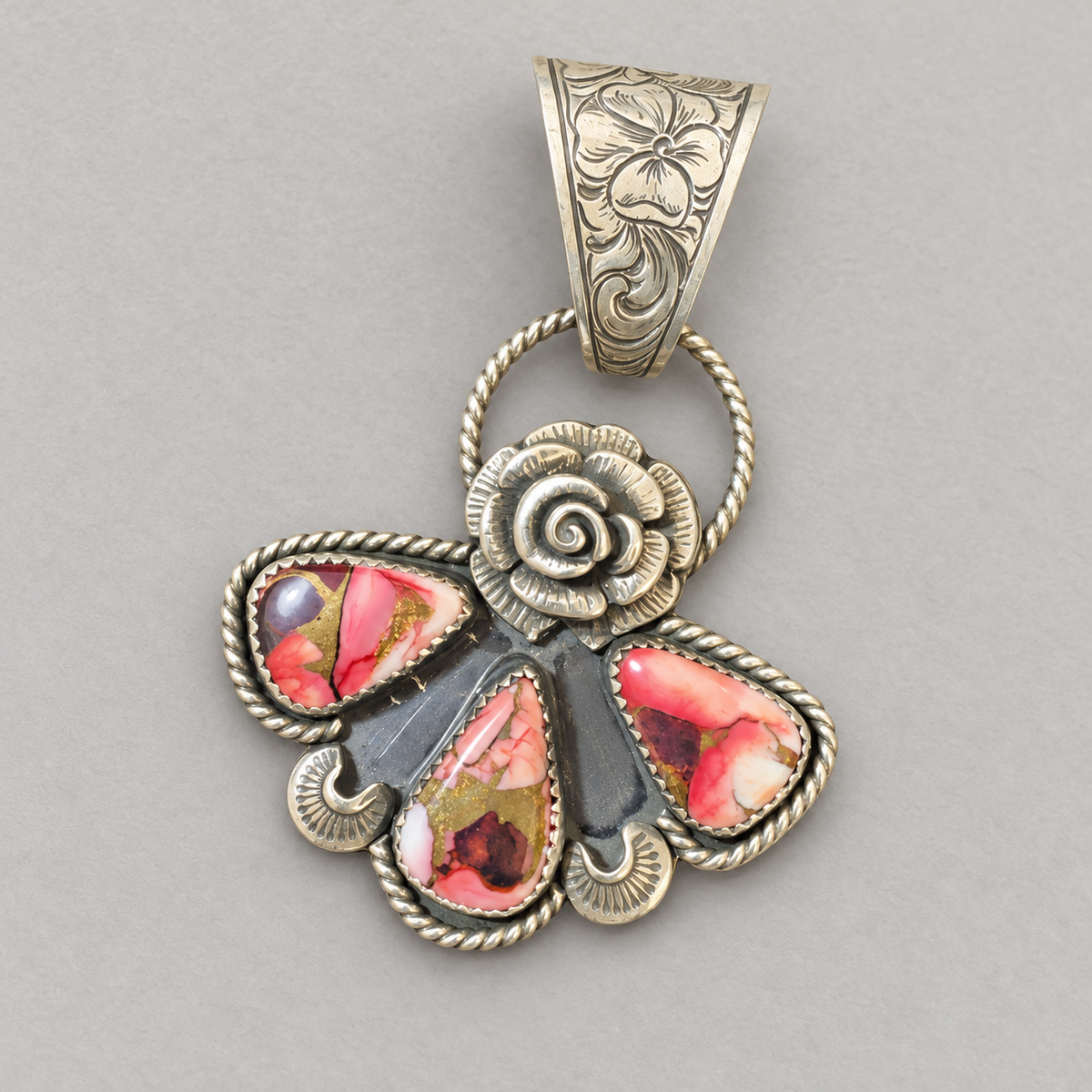 Rose Dahlia pendant with three red, pink, white and gold teardrop stones, a sterling silver cast rose and engraved bail.