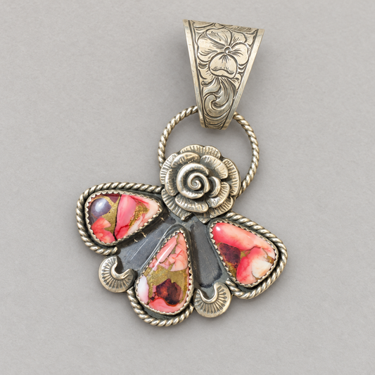 Rose Dahlia pendant with three red, pink, white and gold teardrop stones, a sterling silver cast rose and engraved bail.